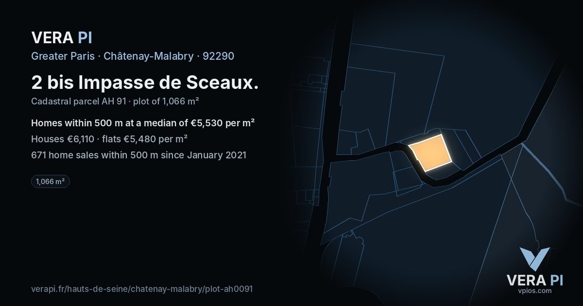 2 bis Impasse de Sceaux, Châtenay-Malabry at night – the plot lit, the parcels around coloured by the prices near them
