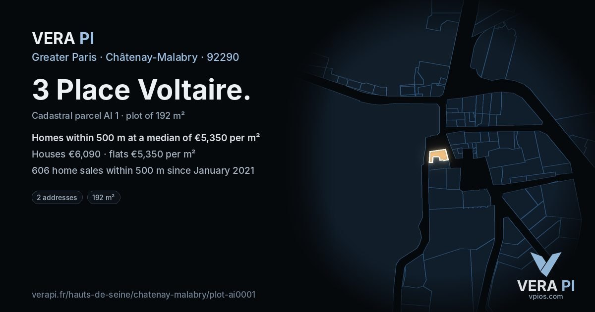 3 Place Voltaire, Châtenay-Malabry at night – the plot lit, the parcels around coloured by the prices near them