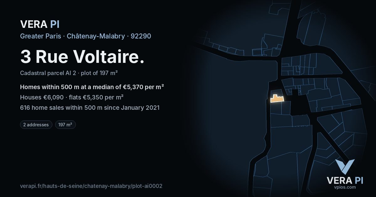 3 Rue Voltaire, Châtenay-Malabry at night – the plot lit, the parcels around coloured by the prices near them