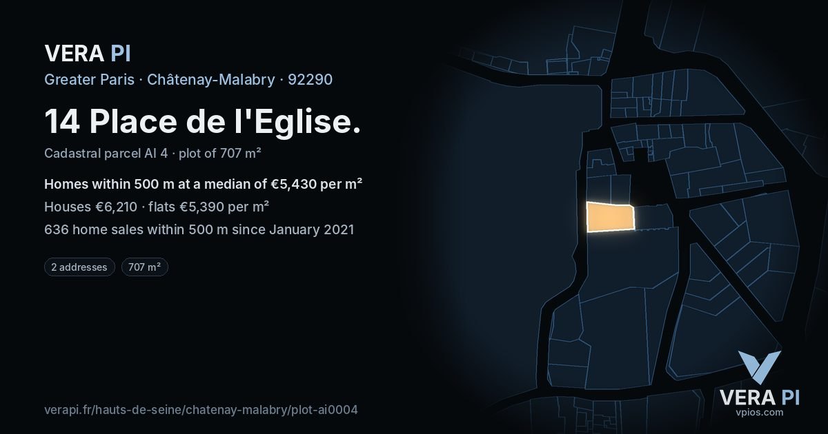 14 Place de l'Eglise, Châtenay-Malabry at night – the plot lit, the parcels around coloured by the prices near them
