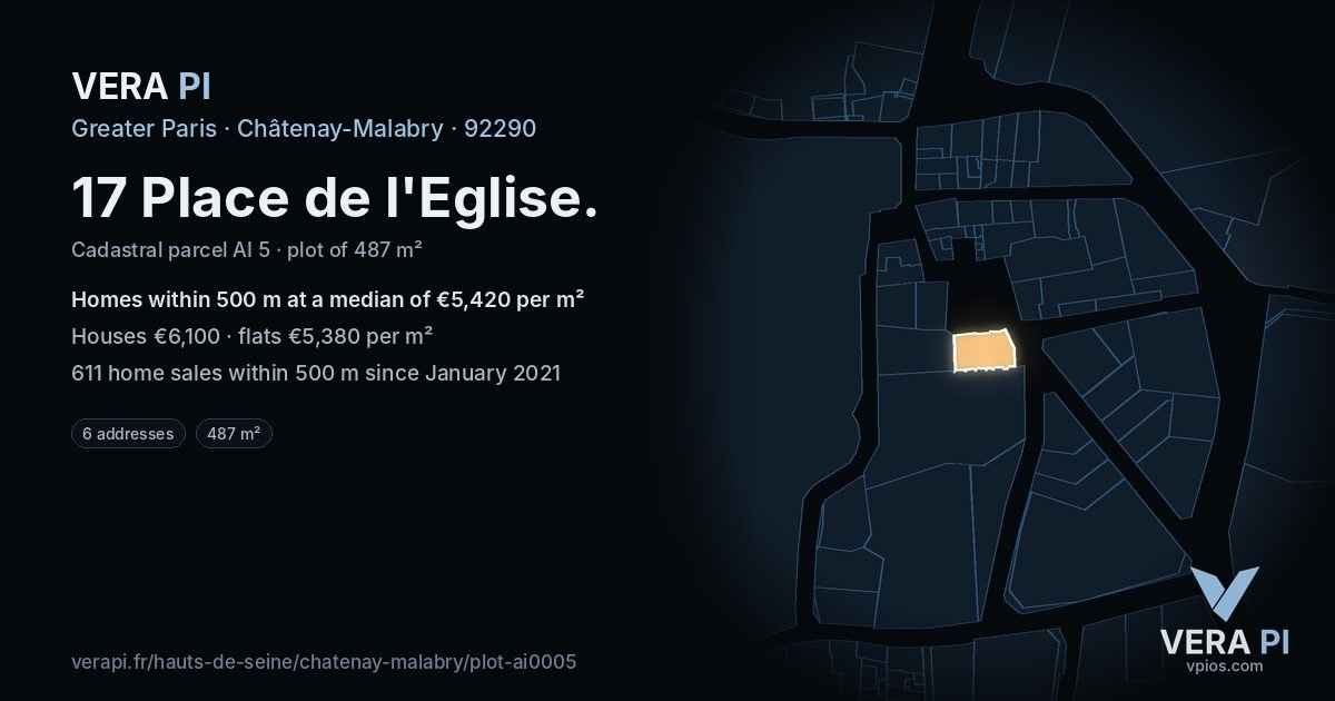 17 Place de l'Eglise, Châtenay-Malabry at night – the plot lit, the parcels around coloured by the prices near them