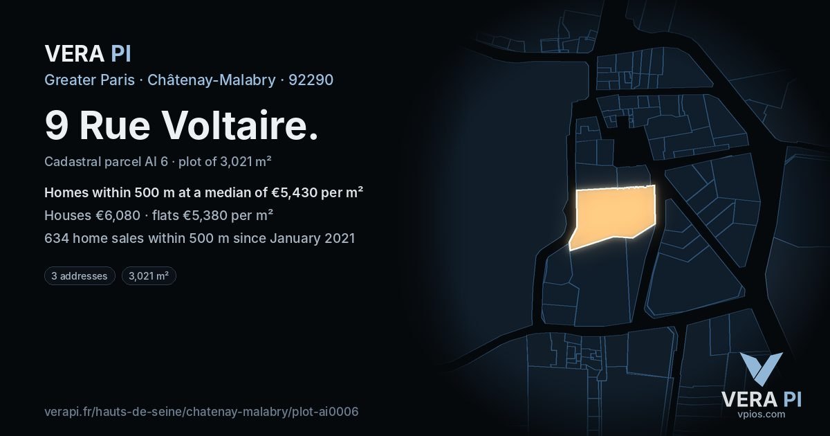 9 Rue Voltaire, Châtenay-Malabry at night – the plot lit, the parcels around coloured by the prices near them
