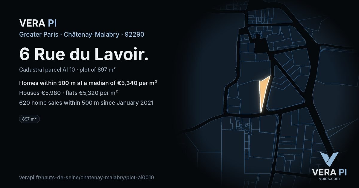 6 Rue du Lavoir, Châtenay-Malabry at night – the plot lit, the parcels around coloured by the prices near them