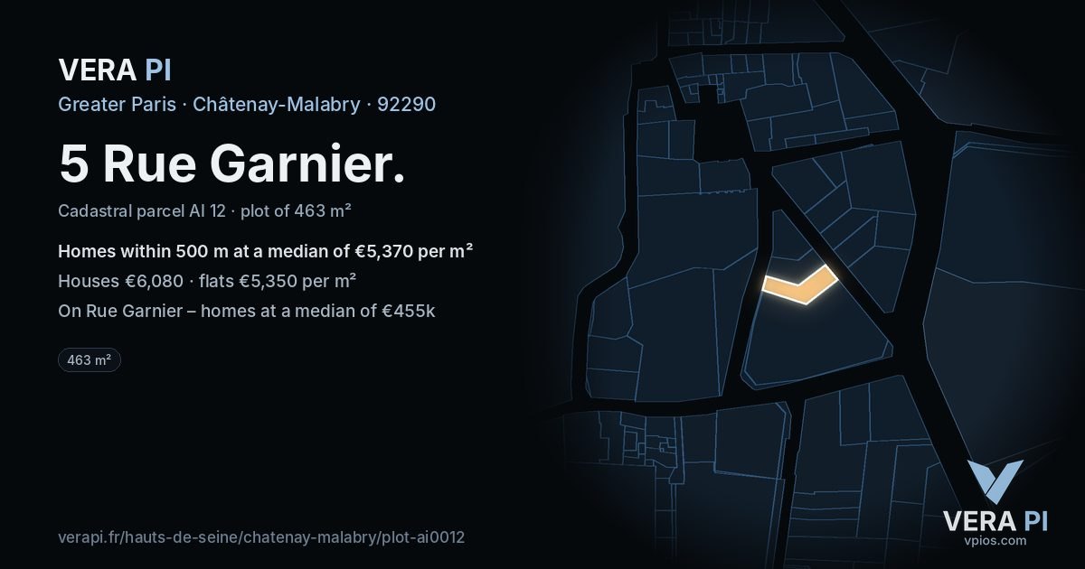 5 Rue Garnier, Châtenay-Malabry at night – the plot lit, the parcels around coloured by the prices near them