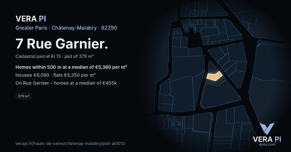 7 Rue Garnier, Châtenay-Malabry at night – the plot lit, the parcels around coloured by the prices near them