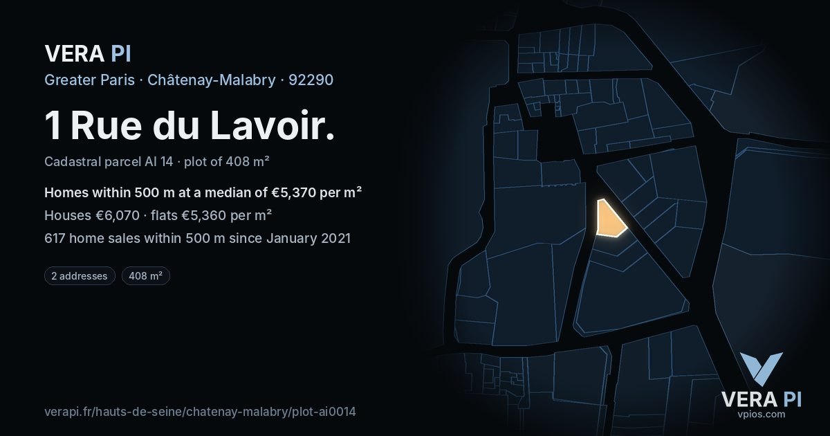 1 Rue du Lavoir, Châtenay-Malabry at night – the plot lit, the parcels around coloured by the prices near them