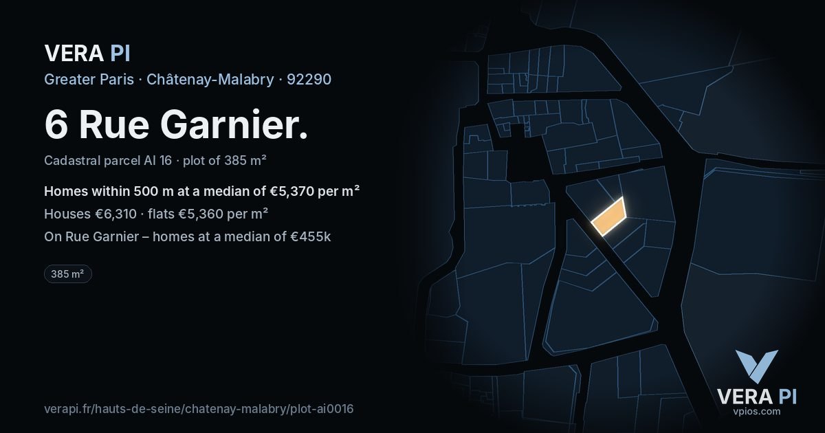 6 Rue Garnier, Châtenay-Malabry at night – the plot lit, the parcels around coloured by the prices near them