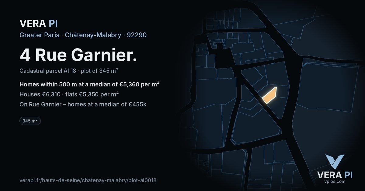 4 Rue Garnier, Châtenay-Malabry at night – the plot lit, the parcels around coloured by the prices near them