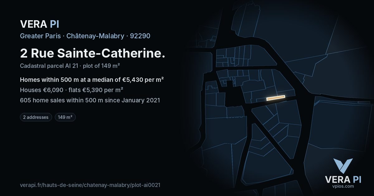 2 Rue Sainte-Catherine, Châtenay-Malabry at night – the plot lit, the parcels around coloured by the prices near them