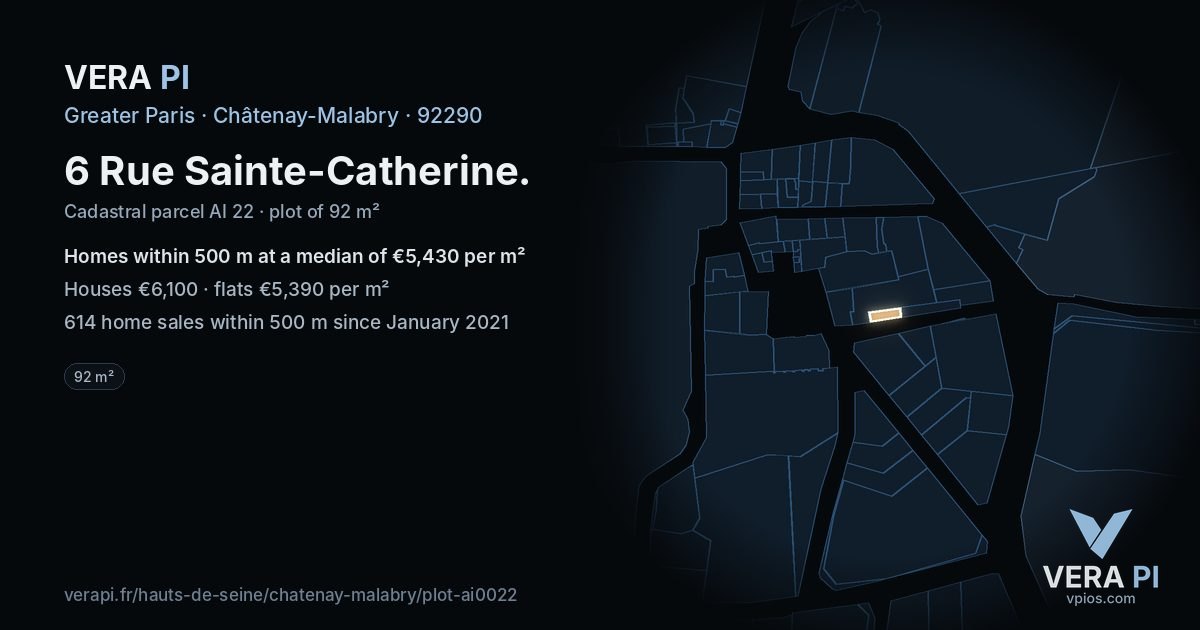 6 Rue Sainte-Catherine, Châtenay-Malabry at night – the plot lit, the parcels around coloured by the prices near them