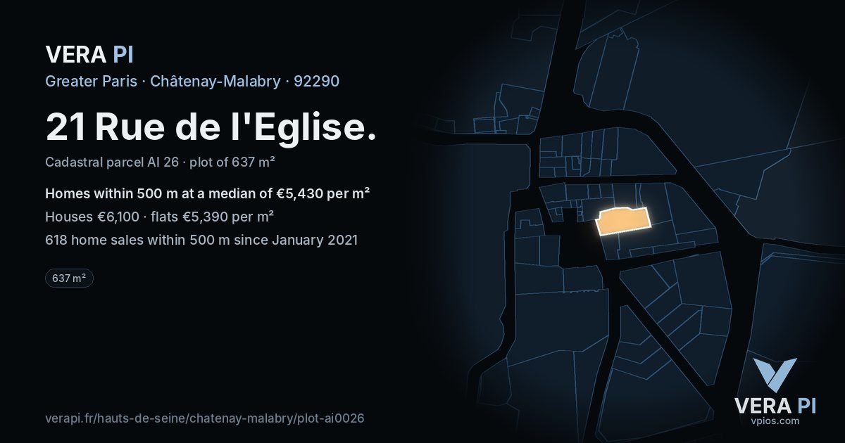 21 Rue de l'Eglise, Châtenay-Malabry at night – the plot lit, the parcels around coloured by the prices near them