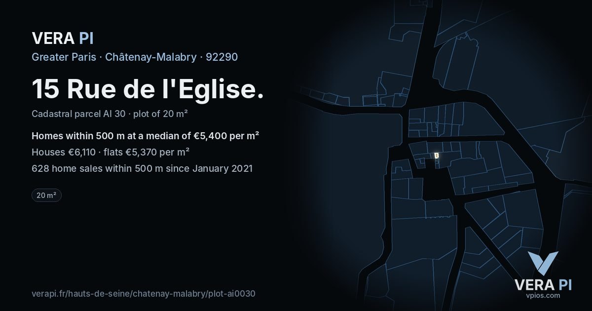 15 Rue de l'Eglise, Châtenay-Malabry at night – the plot lit, the parcels around coloured by the prices near them
