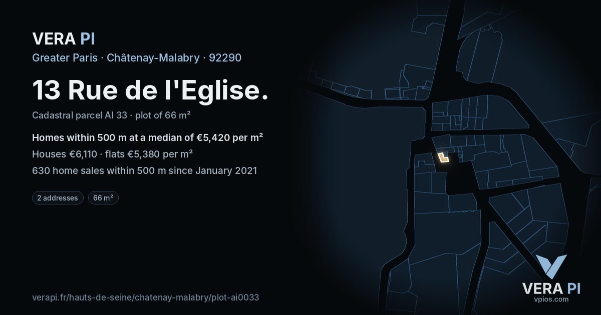 13 Rue de l'Eglise, Châtenay-Malabry at night – the plot lit, the parcels around coloured by the prices near them