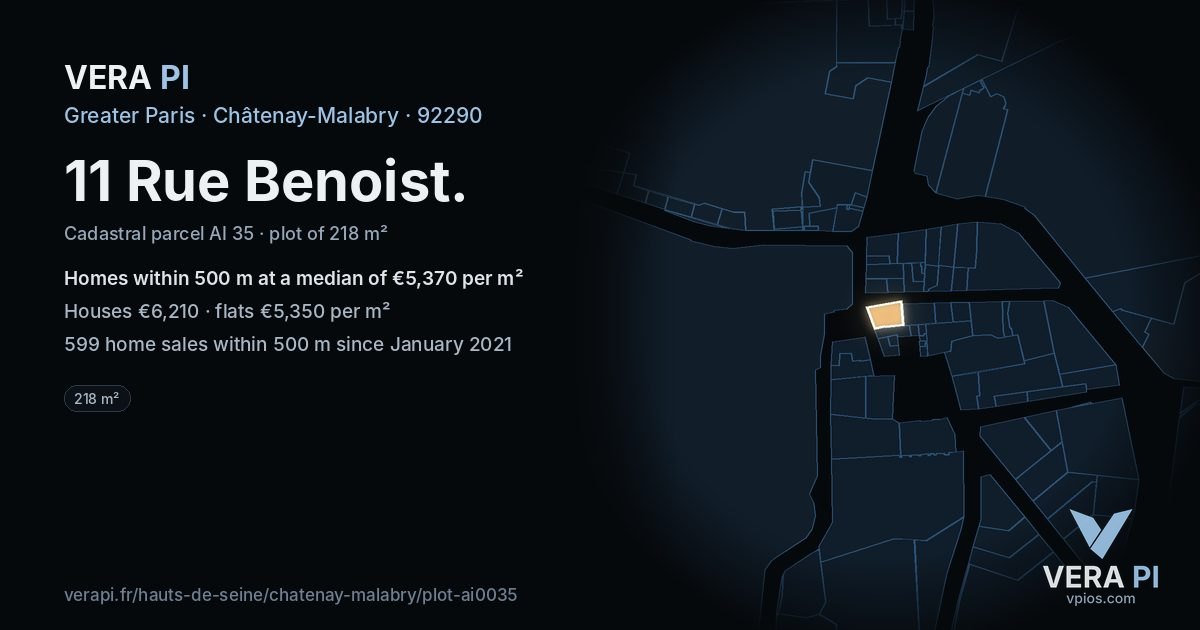 11 Rue Benoist, Châtenay-Malabry at night – the plot lit, the parcels around coloured by the prices near them