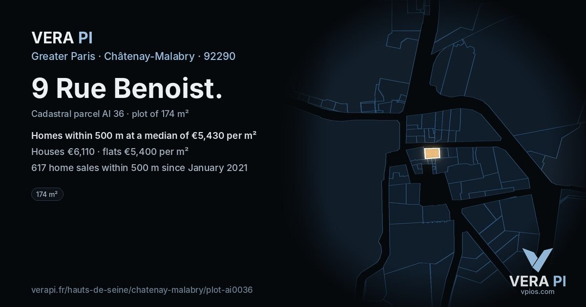 9 Rue Benoist, Châtenay-Malabry at night – the plot lit, the parcels around coloured by the prices near them