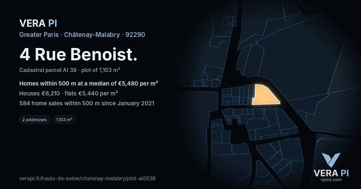 4 Rue Benoist, Châtenay-Malabry at night – the plot lit, the parcels around coloured by the prices near them