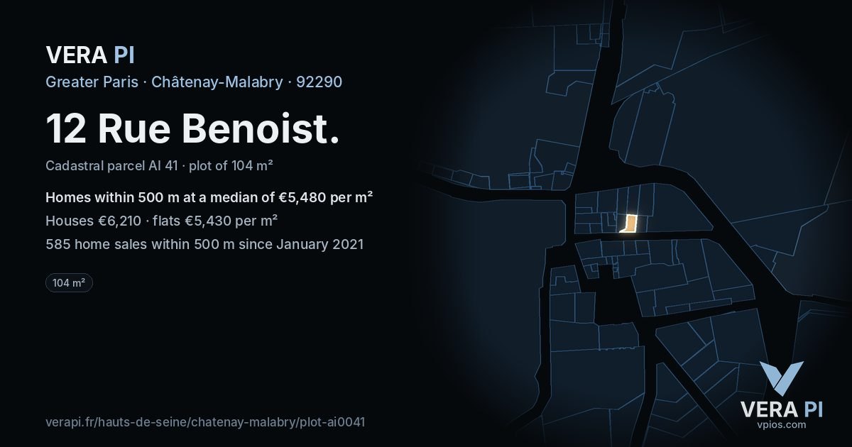 12 Rue Benoist, Châtenay-Malabry at night – the plot lit, the parcels around coloured by the prices near them