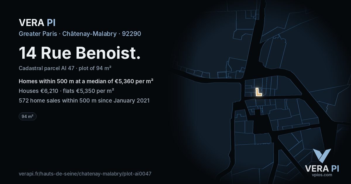 14 Rue Benoist, Châtenay-Malabry at night – the plot lit, the parcels around coloured by the prices near them