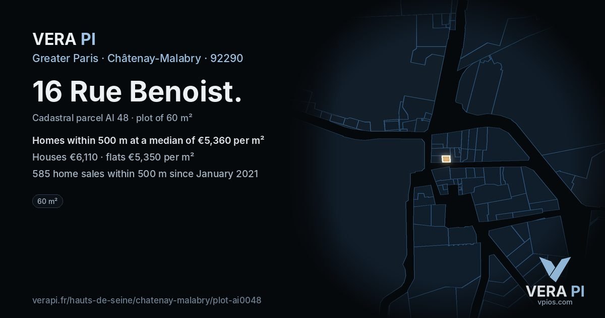 16 Rue Benoist, Châtenay-Malabry at night – the plot lit, the parcels around coloured by the prices near them
