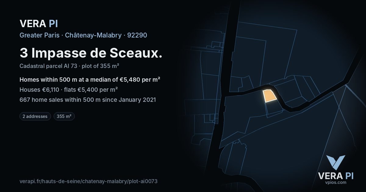 3 Impasse de Sceaux, Châtenay-Malabry at night – the plot lit, the parcels around coloured by the prices near them
