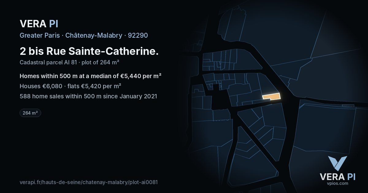 2 bis Rue Sainte-Catherine, Châtenay-Malabry at night – the plot lit, the parcels around coloured by the prices near them