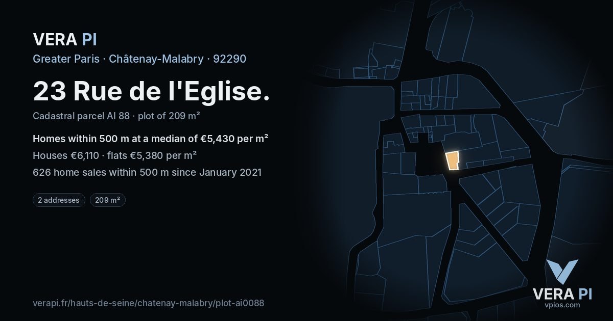 23 Rue de l'Eglise, Châtenay-Malabry at night – the plot lit, the parcels around coloured by the prices near them