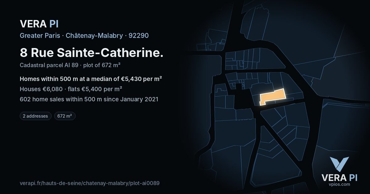 8 Rue Sainte-Catherine, Châtenay-Malabry at night – the plot lit, the parcels around coloured by the prices near them