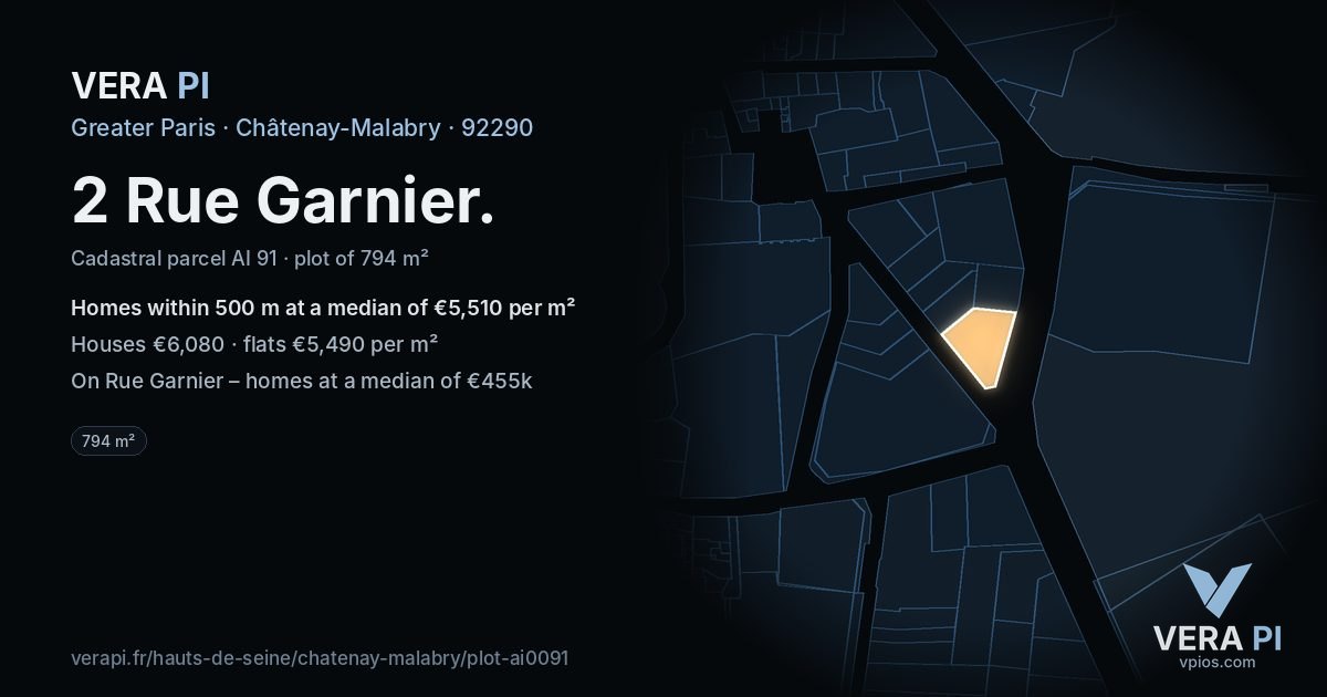2 Rue Garnier, Châtenay-Malabry at night – the plot lit, the parcels around coloured by the prices near them