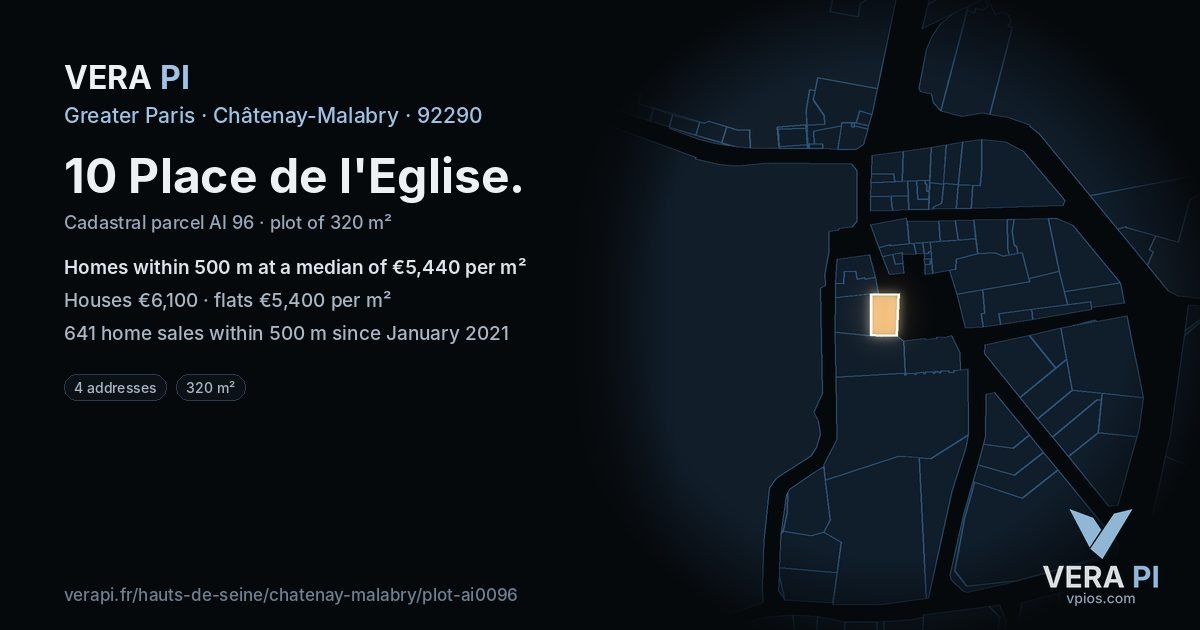 10 Place de l'Eglise, Châtenay-Malabry at night – the plot lit, the parcels around coloured by the prices near them