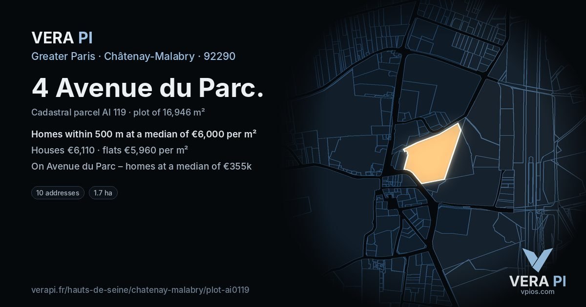 4 Avenue du Parc, Châtenay-Malabry at night – the plot lit, the parcels around coloured by the prices near them