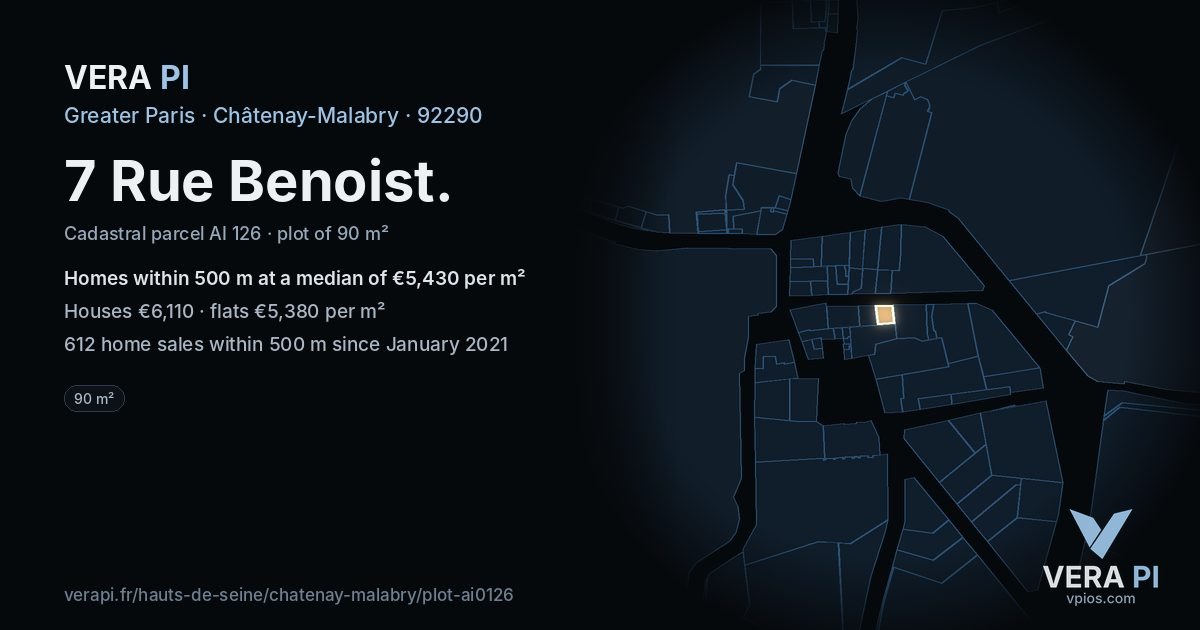 7 Rue Benoist, Châtenay-Malabry at night – the plot lit, the parcels around coloured by the prices near them