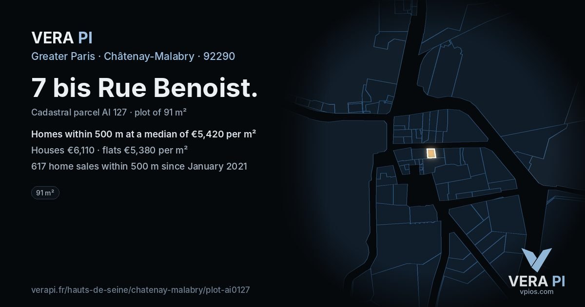 7 bis Rue Benoist, Châtenay-Malabry at night – the plot lit, the parcels around coloured by the prices near them
