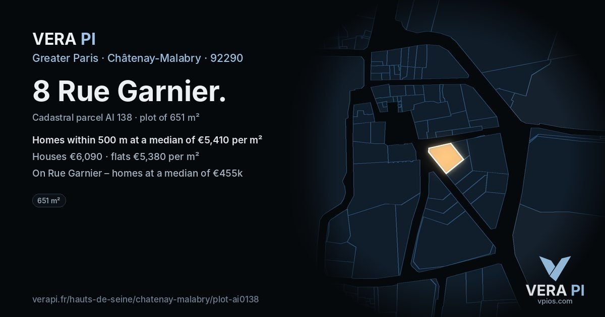 8 Rue Garnier, Châtenay-Malabry at night – the plot lit, the parcels around coloured by the prices near them
