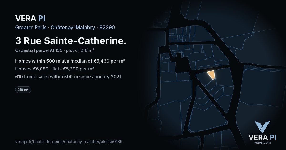3 Rue Sainte-Catherine, Châtenay-Malabry at night – the plot lit, the parcels around coloured by the prices near them