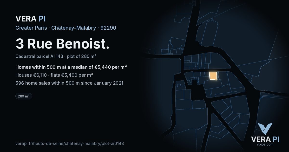 3 Rue Benoist, Châtenay-Malabry at night – the plot lit, the parcels around coloured by the prices near them