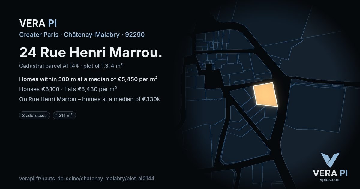 24 Rue Henri Marrou, Châtenay-Malabry at night – the plot lit, the parcels around coloured by the prices near them