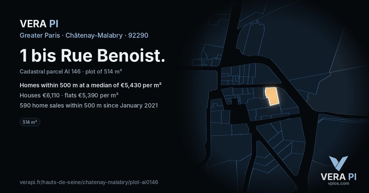 1 bis Rue Benoist, Châtenay-Malabry at night – the plot lit, the parcels around coloured by the prices near them