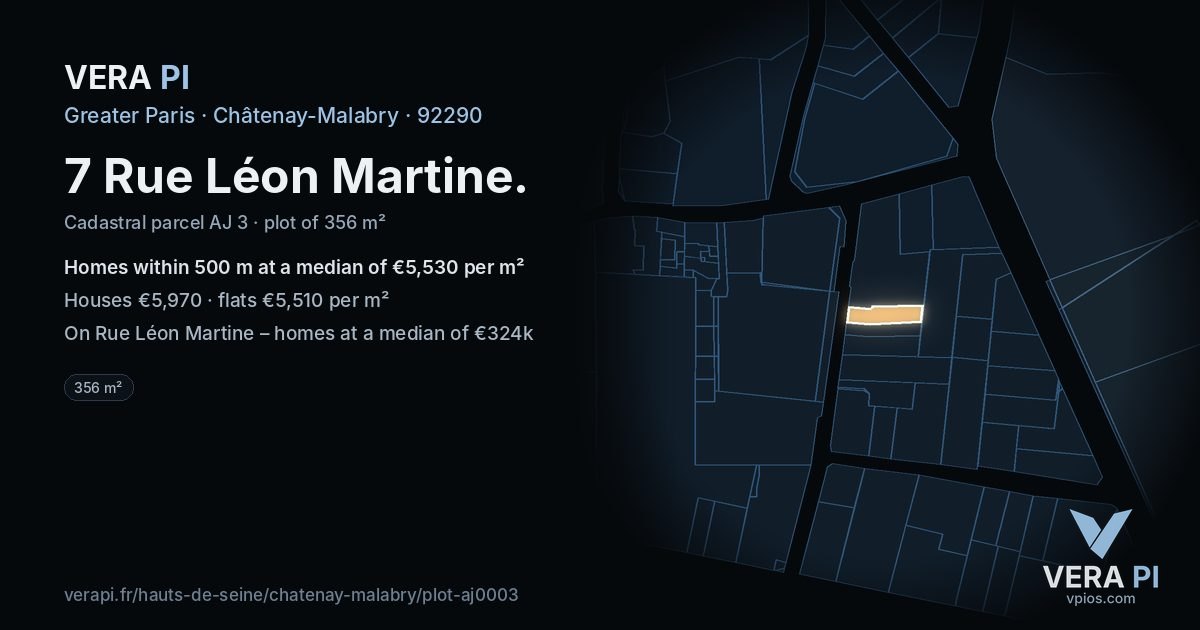 7 Rue Léon Martine, Châtenay-Malabry at night – the plot lit, the parcels around coloured by the prices near them