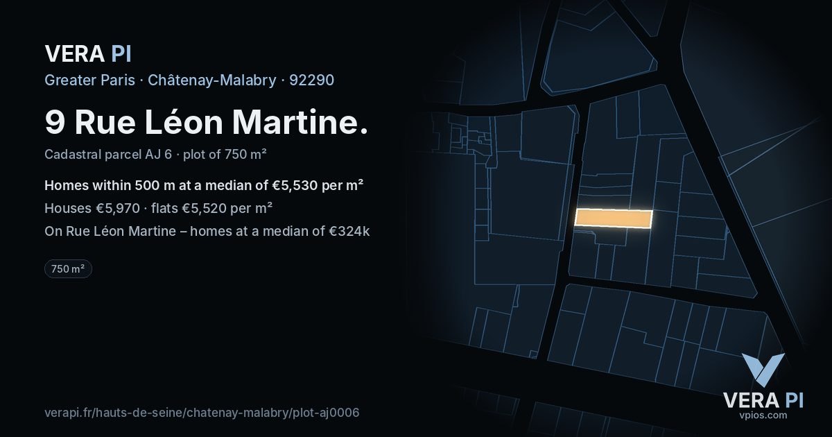 9 Rue Léon Martine, Châtenay-Malabry at night – the plot lit, the parcels around coloured by the prices near them