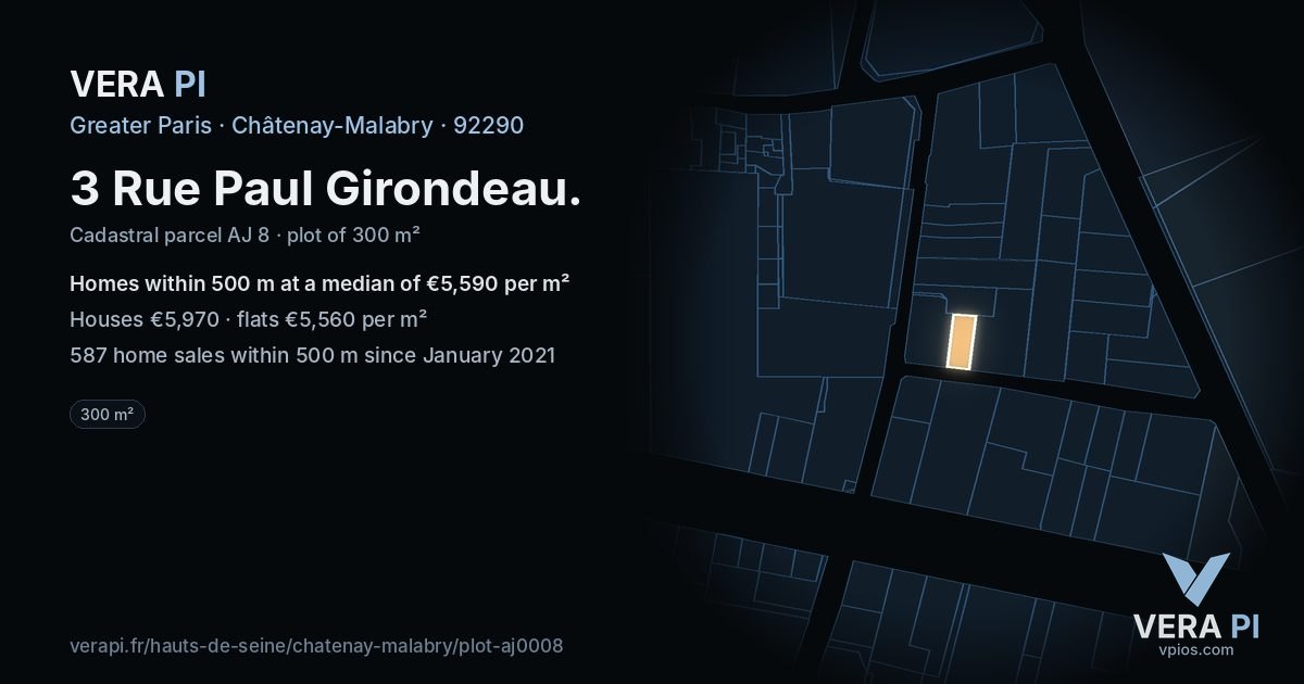 3 Rue Paul Girondeau, Châtenay-Malabry at night – the plot lit, the parcels around coloured by the prices near them