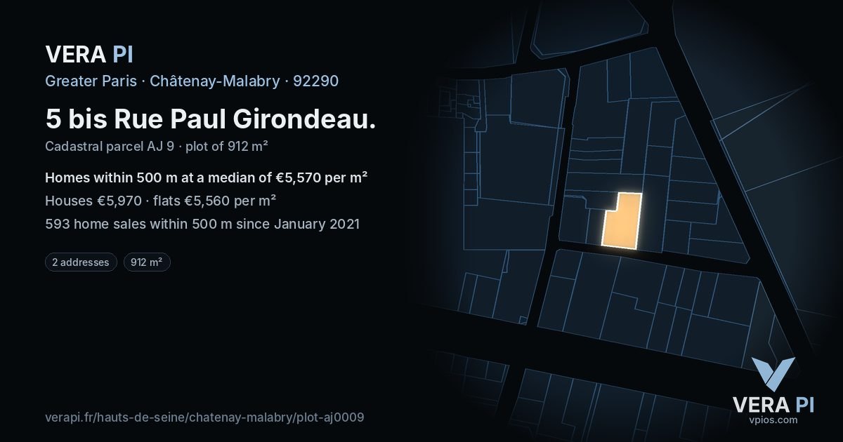 5 bis Rue Paul Girondeau, Châtenay-Malabry at night – the plot lit, the parcels around coloured by the prices near them