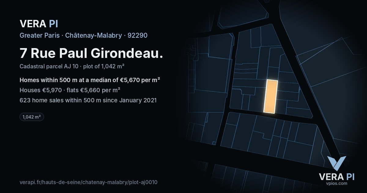 7 Rue Paul Girondeau, Châtenay-Malabry at night – the plot lit, the parcels around coloured by the prices near them
