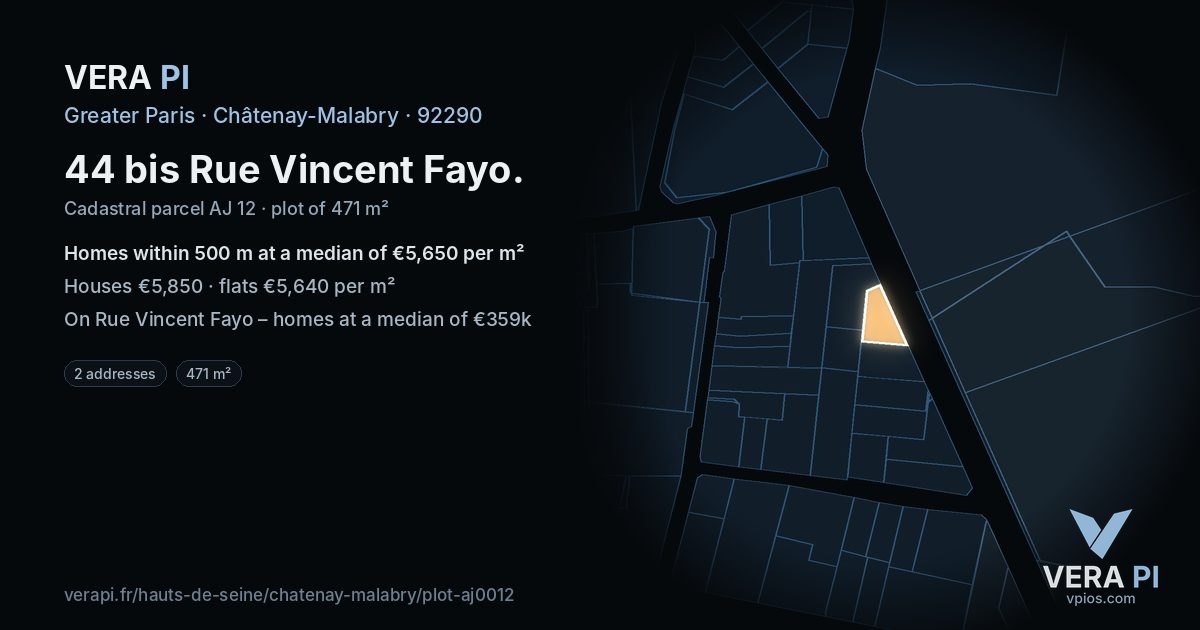 44 bis Rue Vincent Fayo, Châtenay-Malabry at night – the plot lit, the parcels around coloured by the prices near them