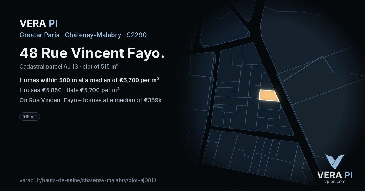 48 Rue Vincent Fayo, Châtenay-Malabry at night – the plot lit, the parcels around coloured by the prices near them