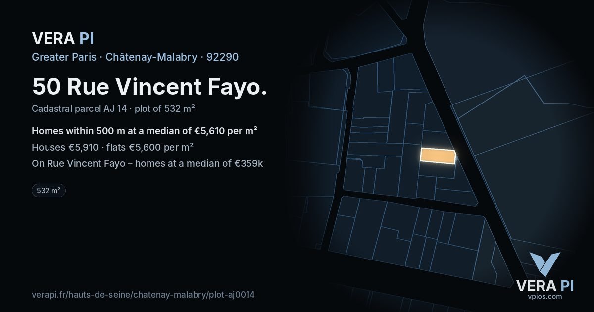 50 Rue Vincent Fayo, Châtenay-Malabry at night – the plot lit, the parcels around coloured by the prices near them
