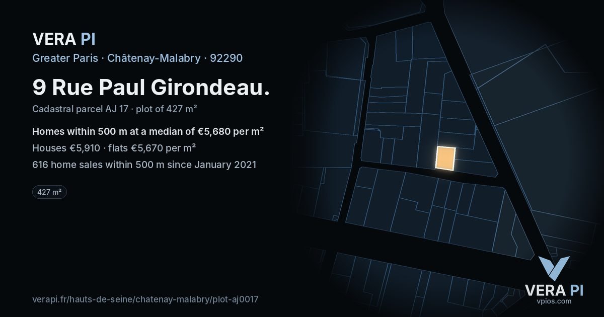 9 Rue Paul Girondeau, Châtenay-Malabry at night – the plot lit, the parcels around coloured by the prices near them