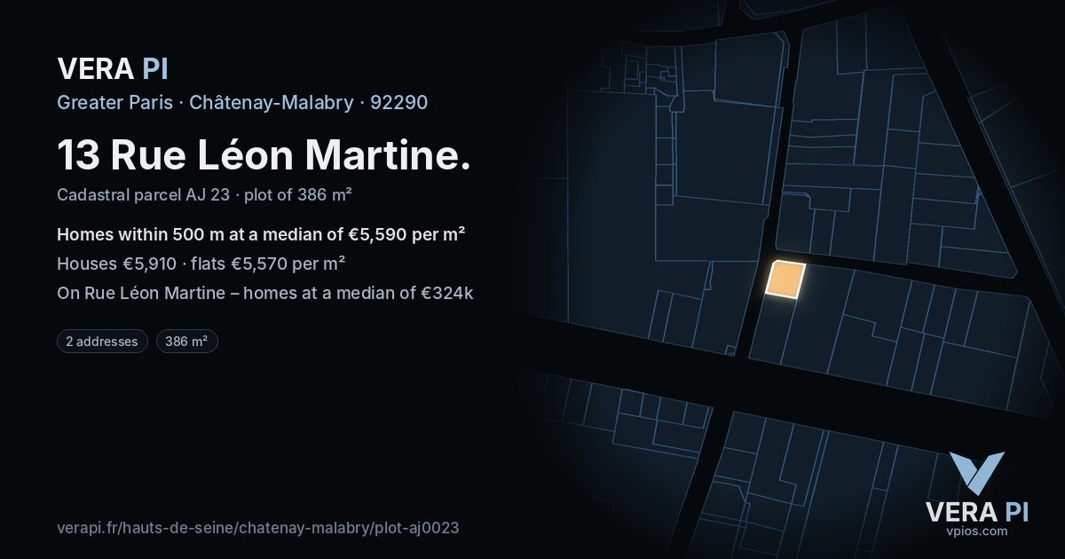 13 Rue Léon Martine, Châtenay-Malabry at night – the plot lit, the parcels around coloured by the prices near them