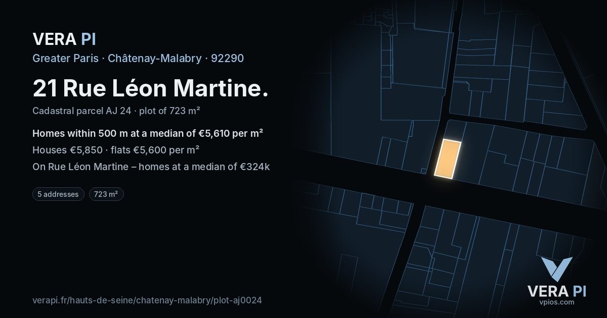 21 Rue Léon Martine, Châtenay-Malabry at night – the plot lit, the parcels around coloured by the prices near them