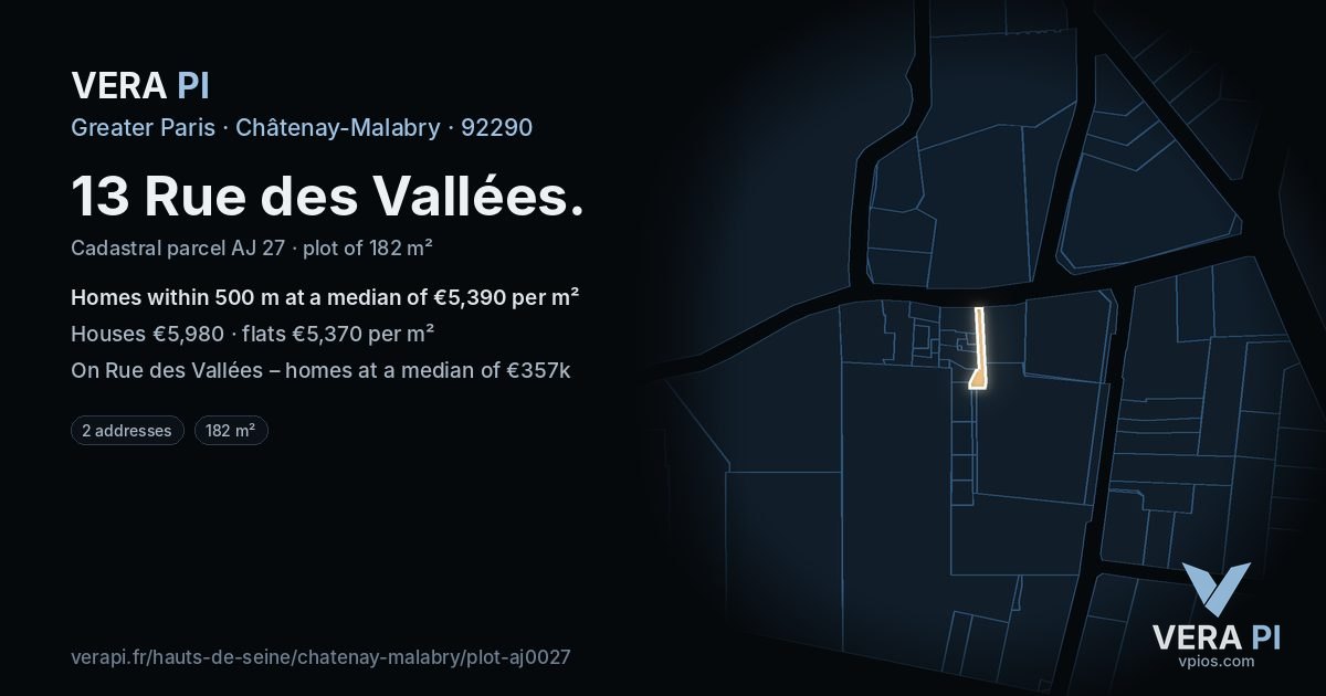 13 Rue des Vallées, Châtenay-Malabry at night – the plot lit, the parcels around coloured by the prices near them