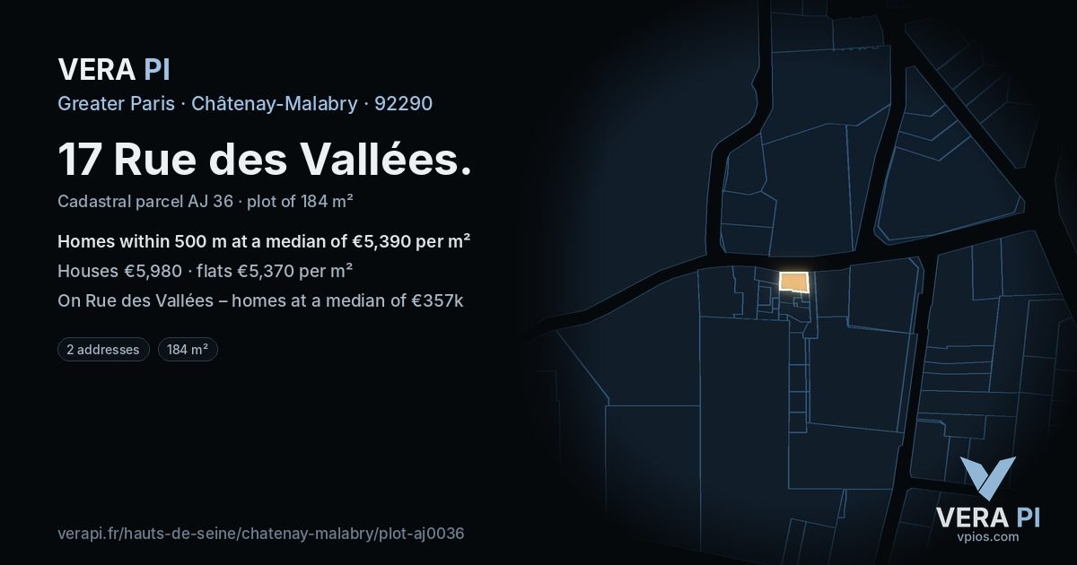 17 Rue des Vallées, Châtenay-Malabry at night – the plot lit, the parcels around coloured by the prices near them